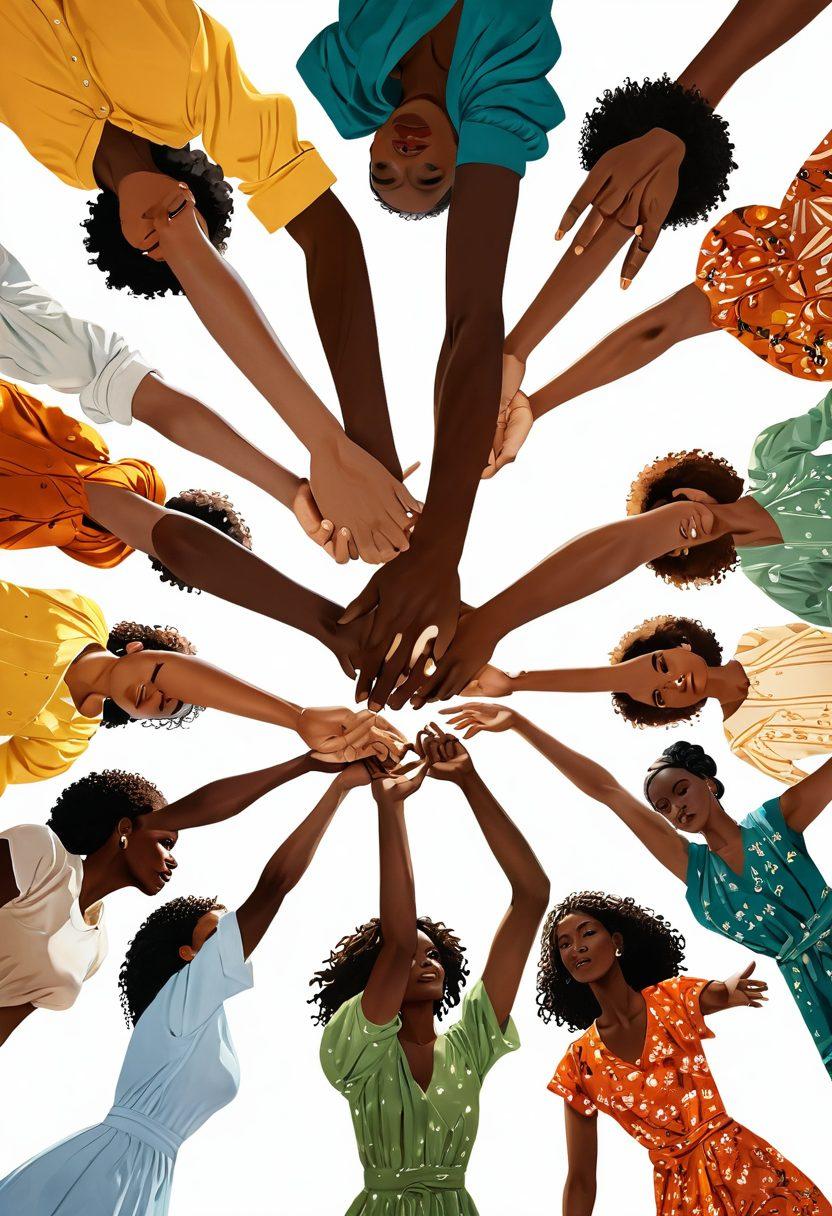 A powerful visualization of a diverse group of women holding hands in a circle, symbolizing unity and empowerment. The background showcases a blend of urban and natural landscapes, representing the balance of strength and nurturing. Each woman is depicted wearing unique attire, reflecting different cultures and styles. Bright rays of light shine down on them, emphasizing hope and growth. The scene captures a sense of connection and support among women. vibrant colors. super-realistic. white background.